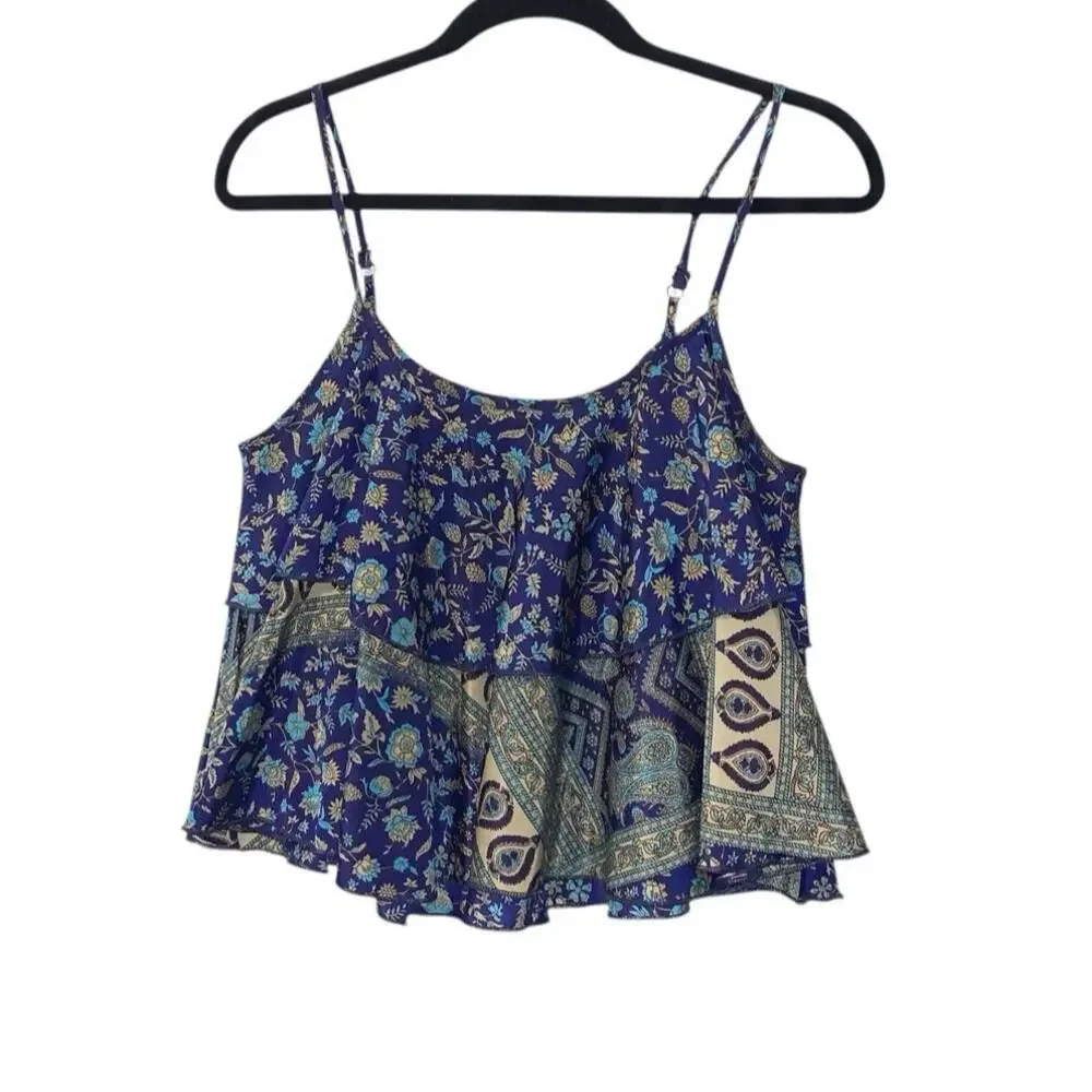 RAGA Anthropologie women's size S Blue Floral Print Spaghetti Strap Rayon Top - Picture 3 of 8